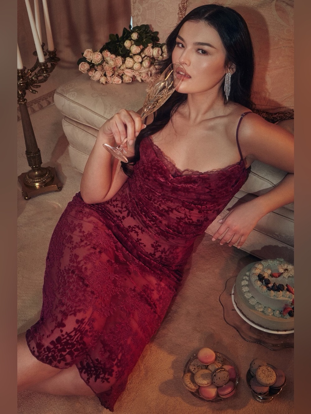 House Of CB Ione Cranberry Devore Velvet Floral Midi Dress